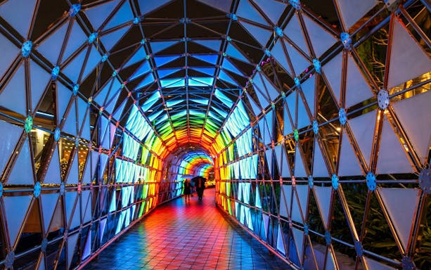 Colorful illuminated tunnel near Tokyo Dome.