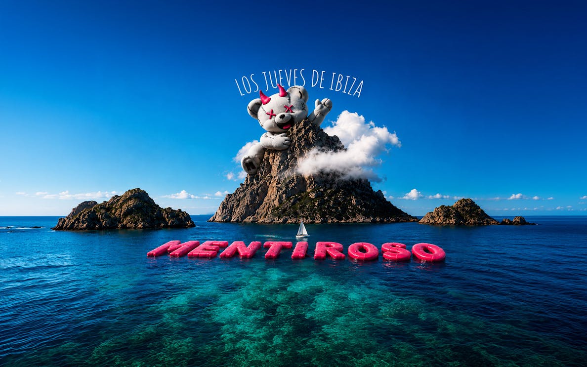 Mentiroso event promotion with a giant bear on a rocky island in Ibiza.