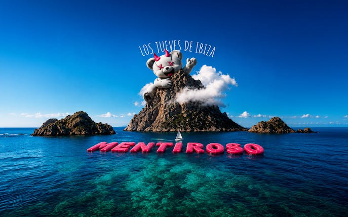 Mentiroso event promotion with a giant bear on a rocky island in Ibiza.