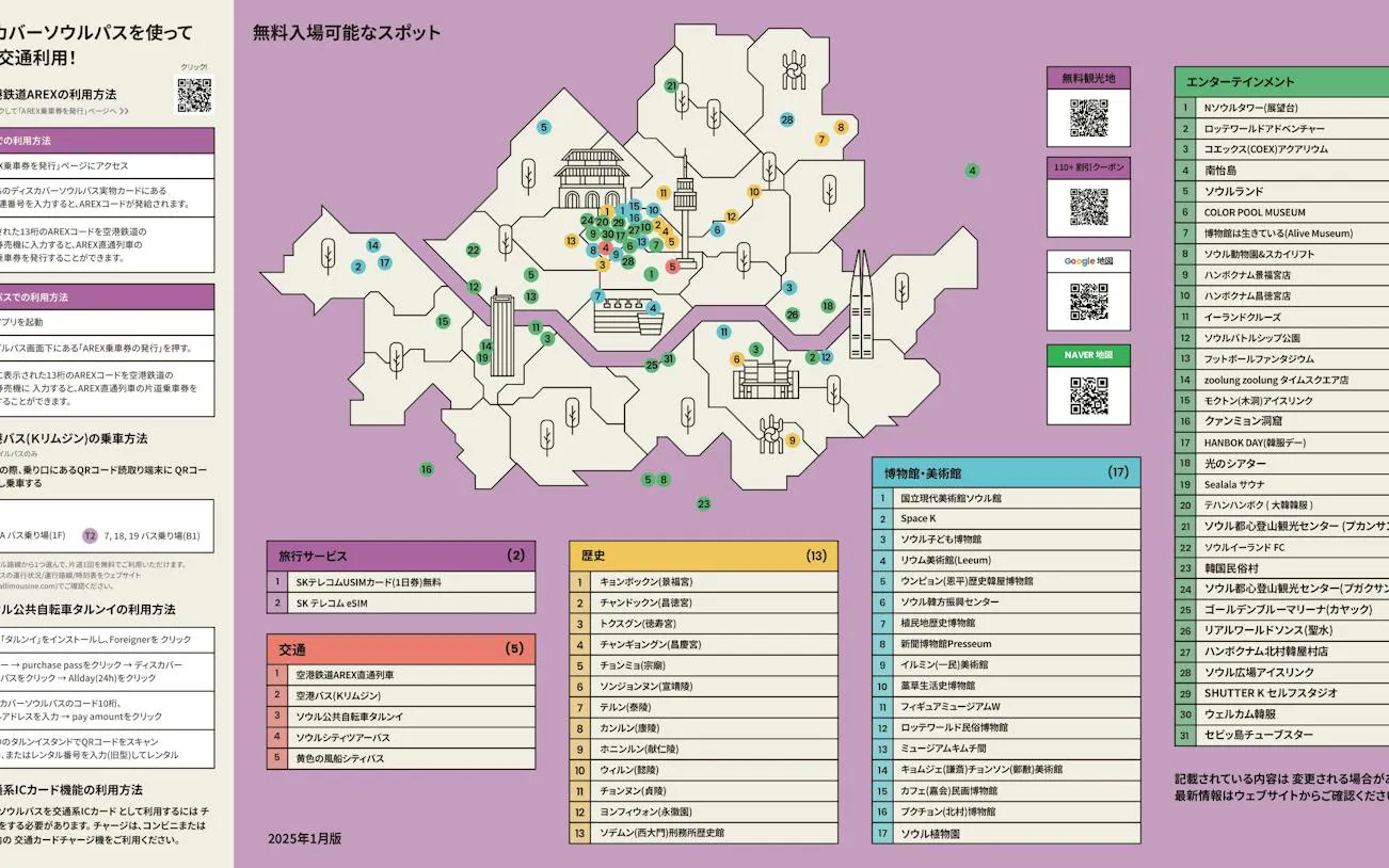 Seoul attractions map with landmarks and activities for Discover Seoul Pass 72 hours.