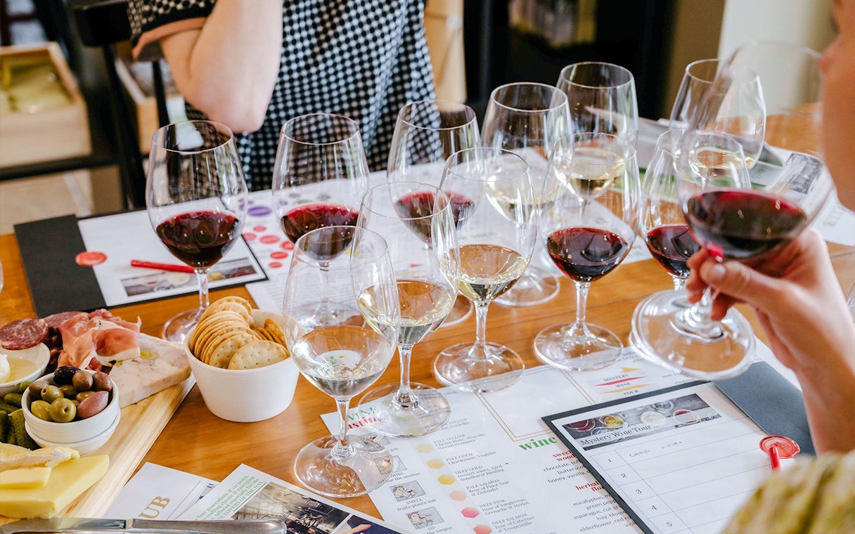Wine glasses and local cheese board at Tulloch Wines Hunter Heroes tasting experience.