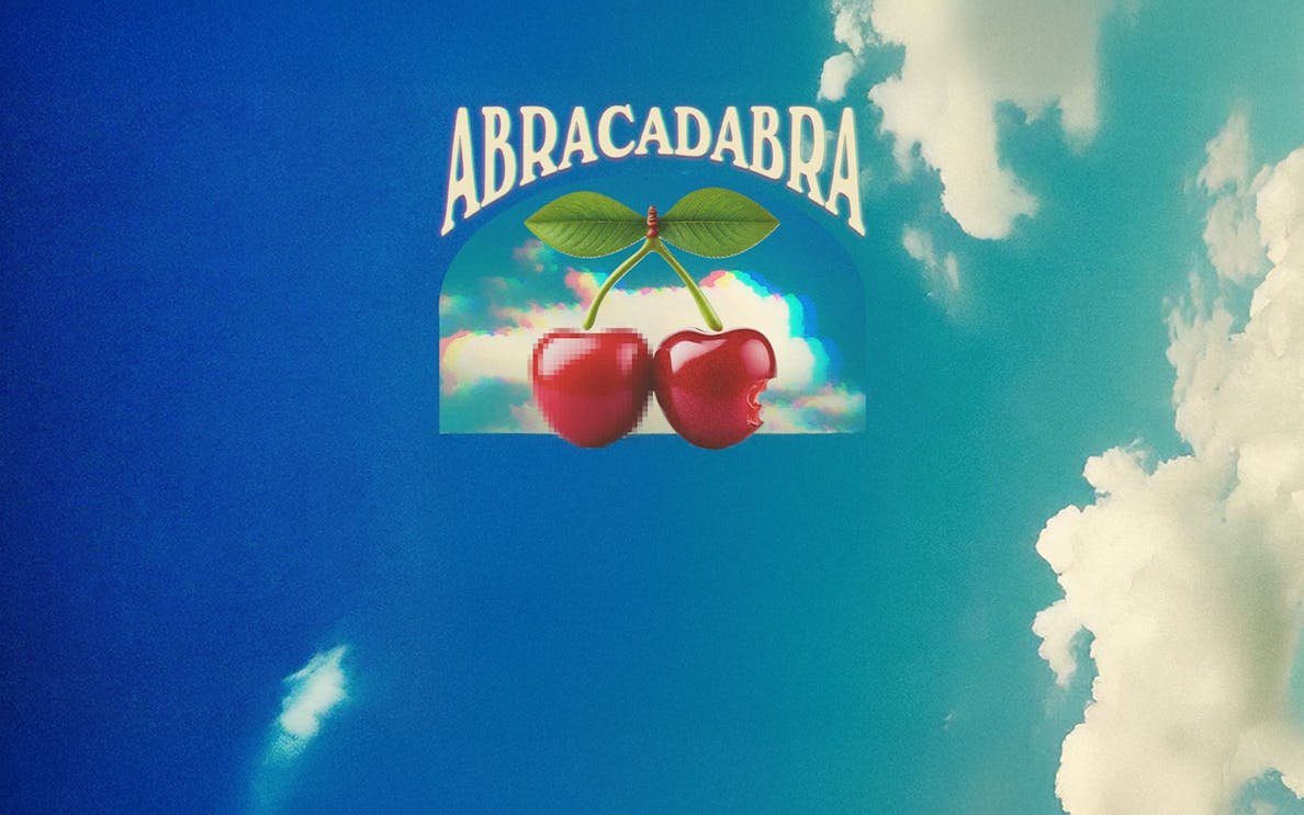 Abracadabra logo with cherries on a blue sky background for Pacha on Wednesdays.