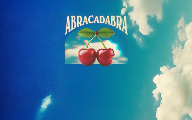 Abracadabra logo with cherries on a blue sky background for Pacha on Wednesdays.