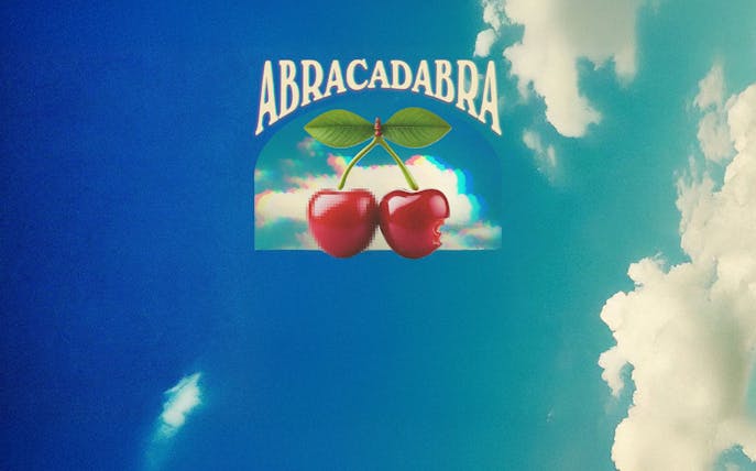 Abracadabra logo with cherries on a blue sky background for Pacha on Wednesdays.