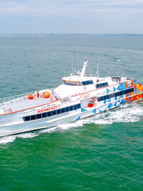 Ferry traveling from Singapore to Batam across the sea.