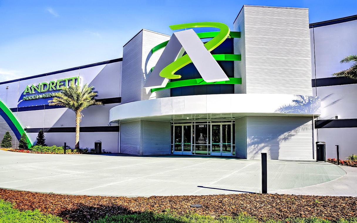 Andretti Indoor Karting entrance in Orlando with modern architecture.