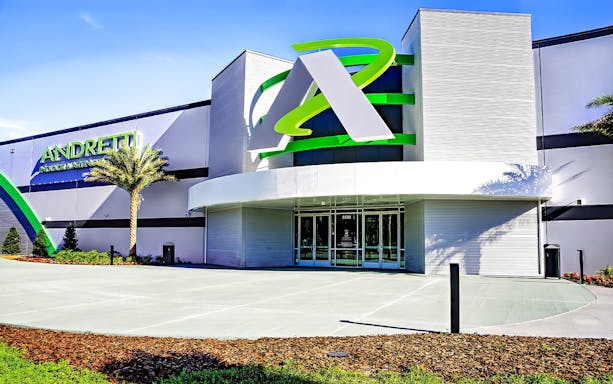 Andretti Indoor Karting entrance in Orlando with modern architecture.