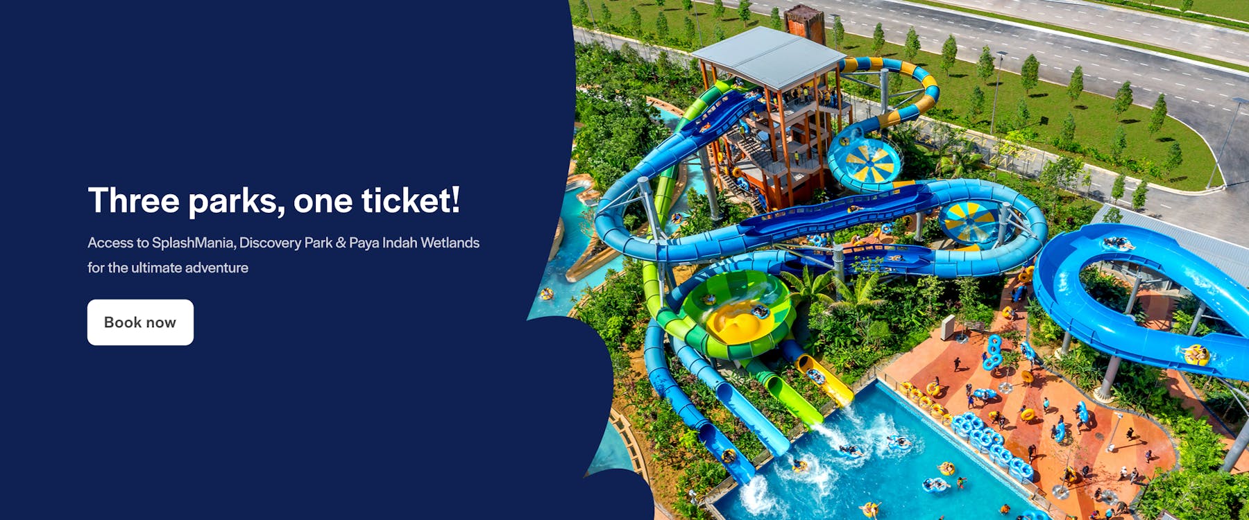 Water park with slides and pools at SplashMania, Selangor, Malaysia.