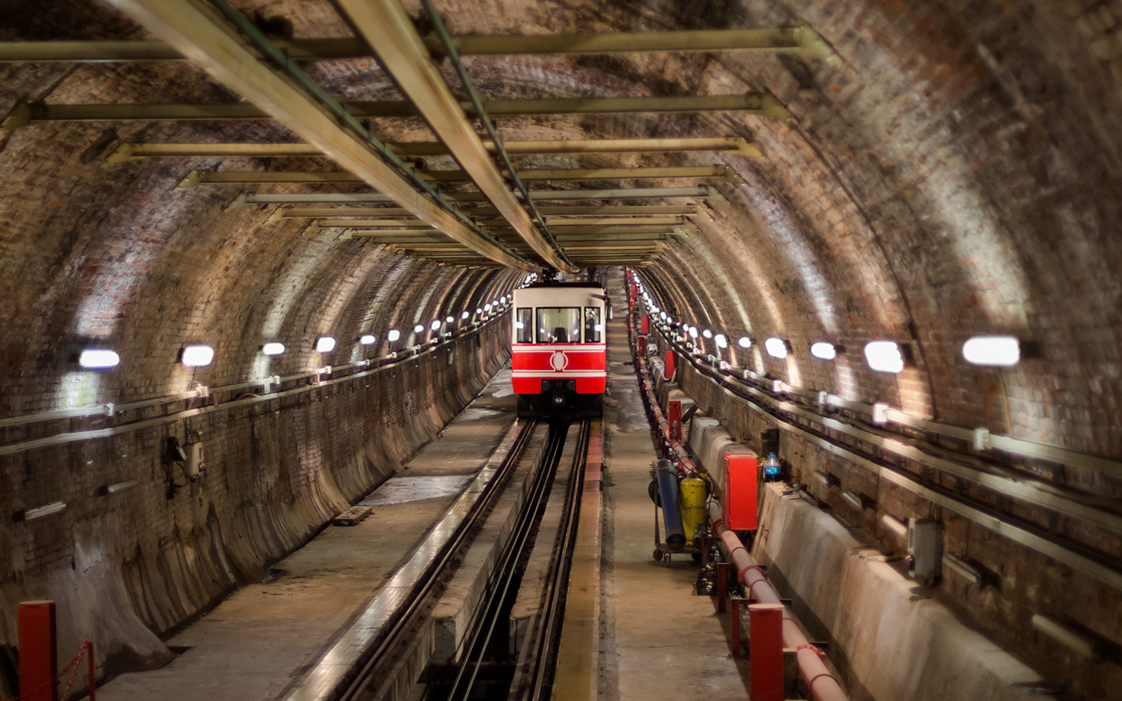 Tünel Istanbul cable car inside historic underground tunnel.