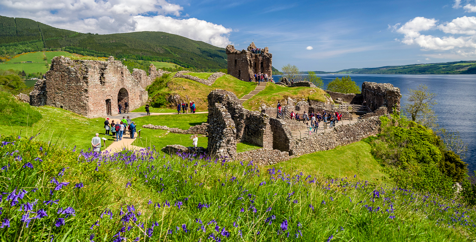 Urquhart Castle ruins overlooking Loch Ness in Scotland.