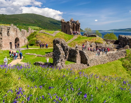 Urquhart Castle ruins overlooking Loch Ness in Scotland.
