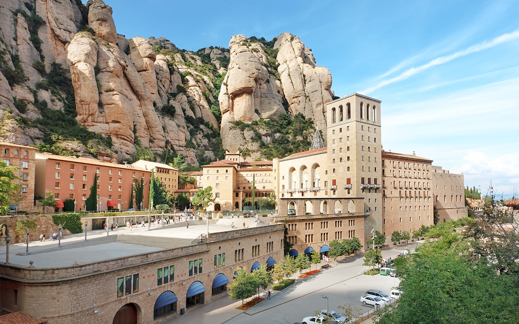 Montserrat Monastery with surrounding rocky cliffs in Catalonia, Spain.