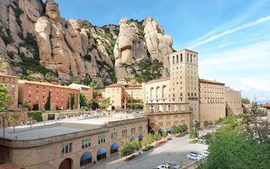 Montserrat Monastery with surrounding rocky cliffs in Catalonia, Spain.