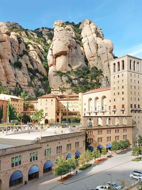 Montserrat Monastery with surrounding rocky cliffs in Catalonia, Spain.