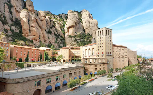 Montserrat Monastery with surrounding rocky cliffs in Catalonia, Spain.