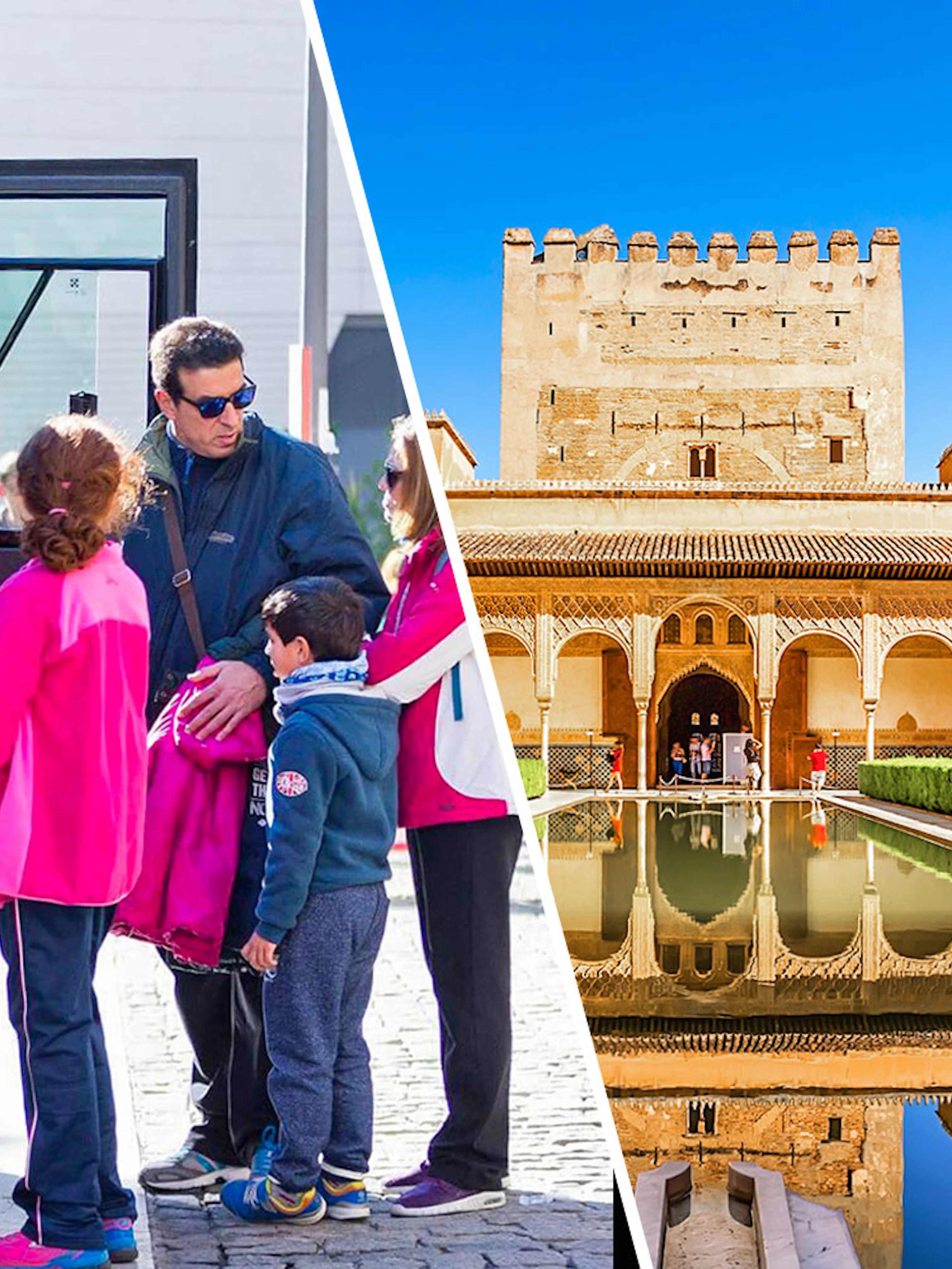 Tourists boarding a bus and the Courtyard of the Myrtles in La Alhambra, Granada.