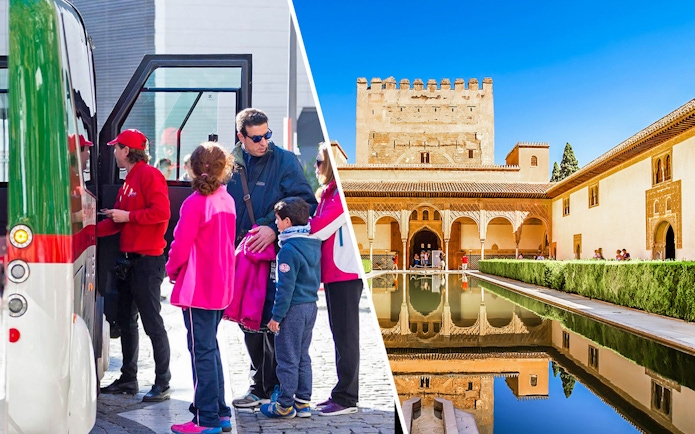 Tourists boarding a bus and the Courtyard of the Myrtles in La Alhambra, Granada.