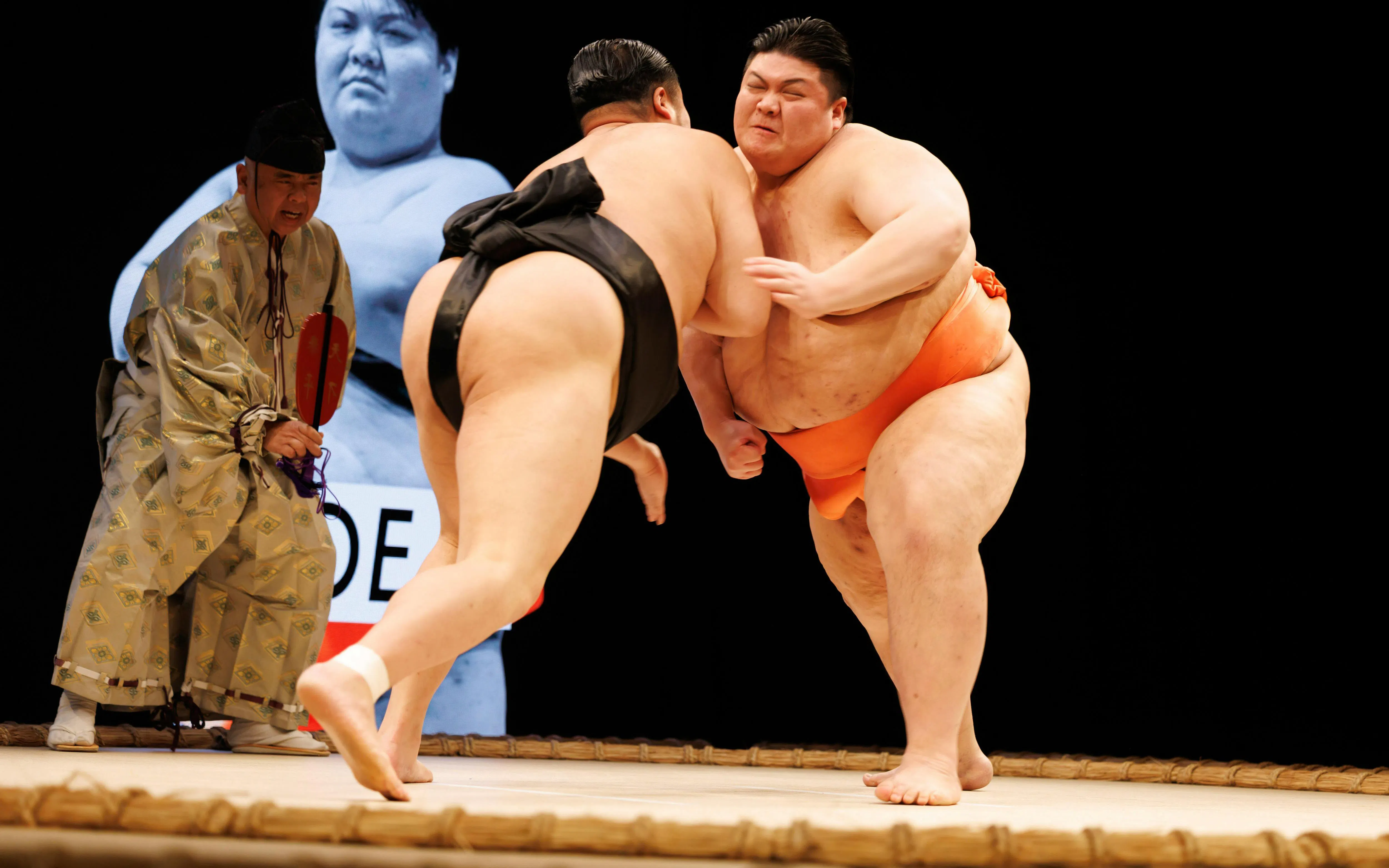 Sumo wrestlers competing at Sumo Hall Hirakuza Osaka.