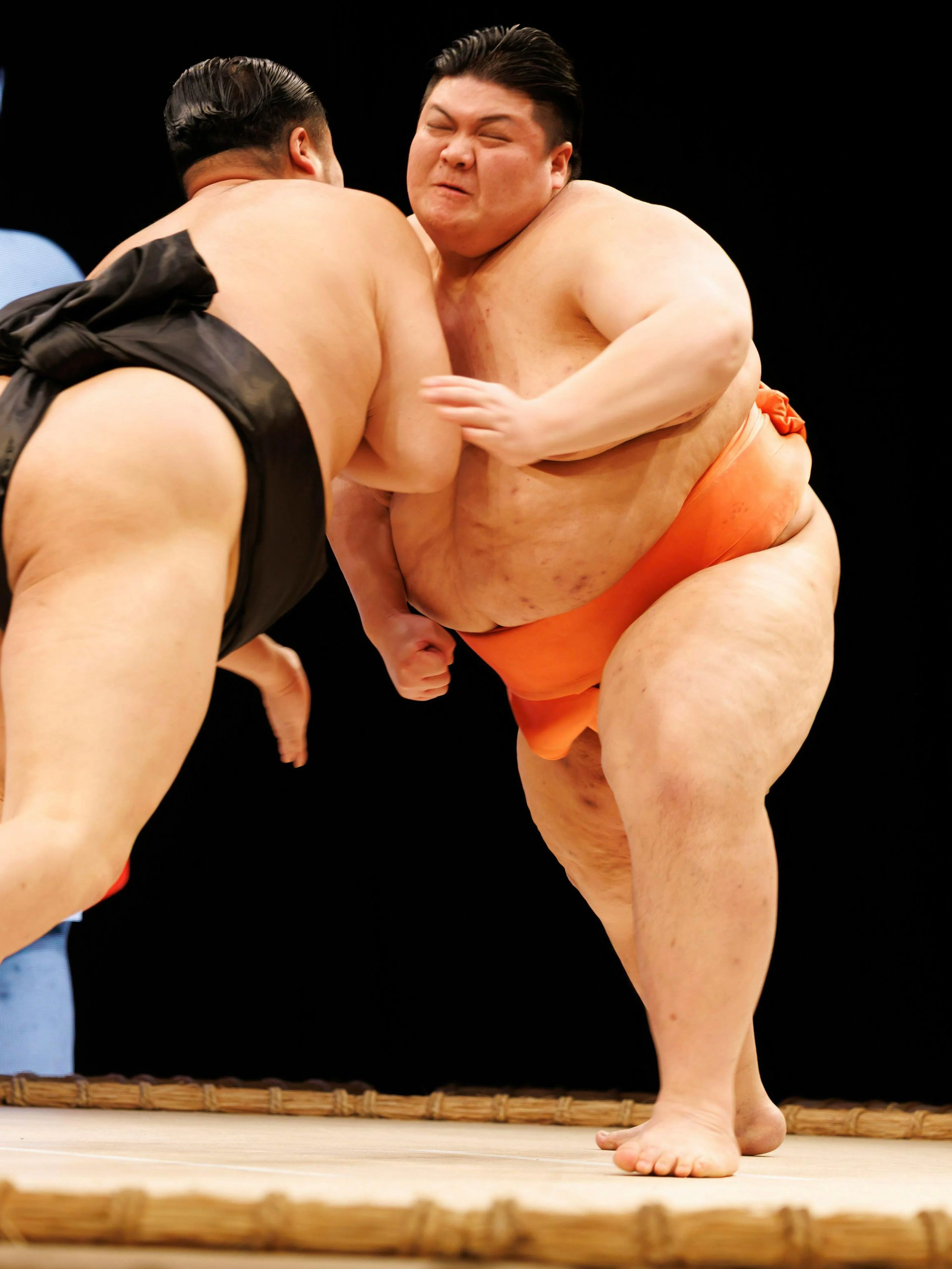 Sumo wrestlers competing at Sumo Hall Hirakuza Osaka.