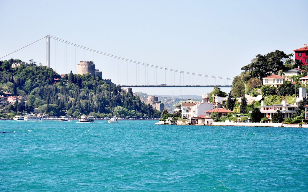 Bosphorus Strait with Rumeli Fortress and bridge, view from afternoon cruise.