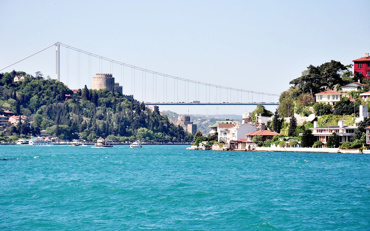 Bosphorus Strait with Rumeli Fortress and bridge, view from afternoon cruise.