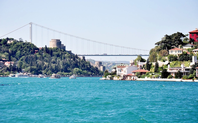 Bosphorus Strait with Rumeli Fortress and bridge, view from afternoon cruise.