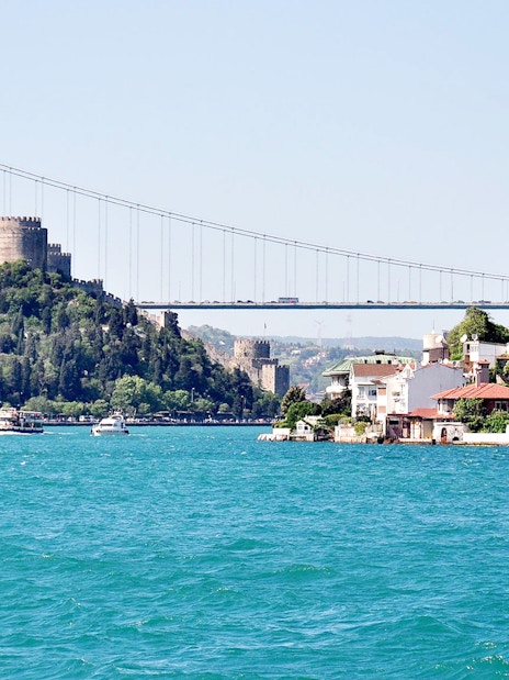 Bosphorus Strait with Rumeli Fortress and bridge, view from afternoon cruise.