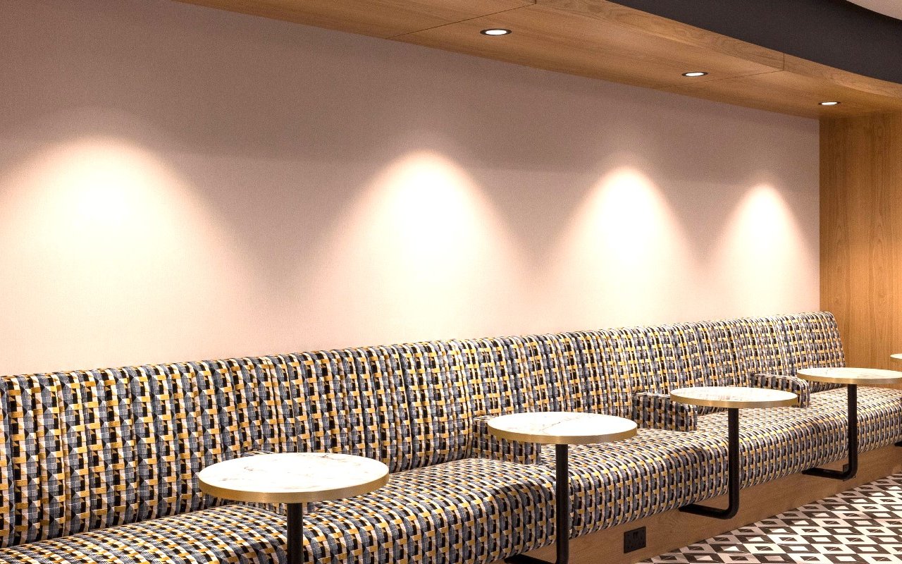 Seating area in Plaza Premium Lounge, Terminal 4, London Heathrow Airport.