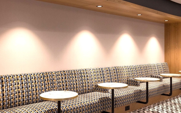 Seating area in Plaza Premium Lounge, Terminal 4, London Heathrow Airport.