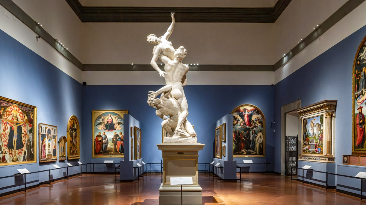 Sculpture and paintings in Accademia Gallery, Florence, Italy.
