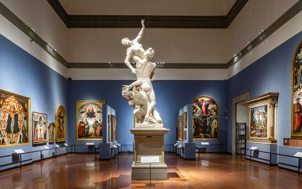 Sculpture and paintings in Accademia Gallery, Florence, Italy.