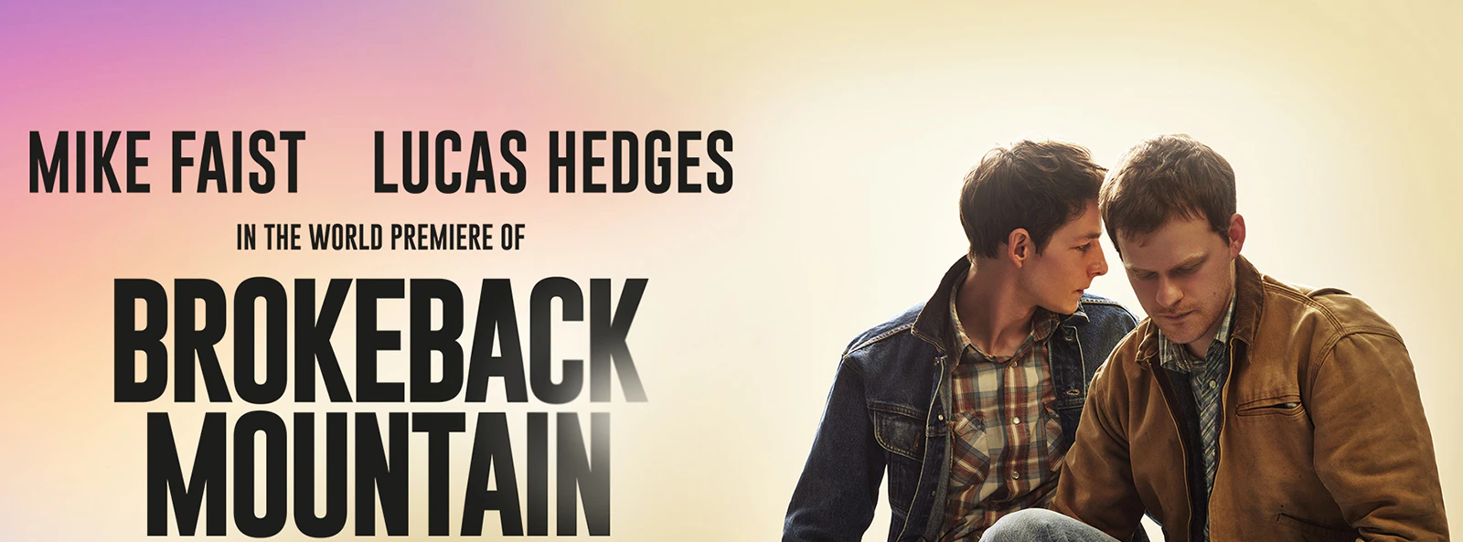 World premiere poster of Brokeback Mountain with two men sitting on a rock.