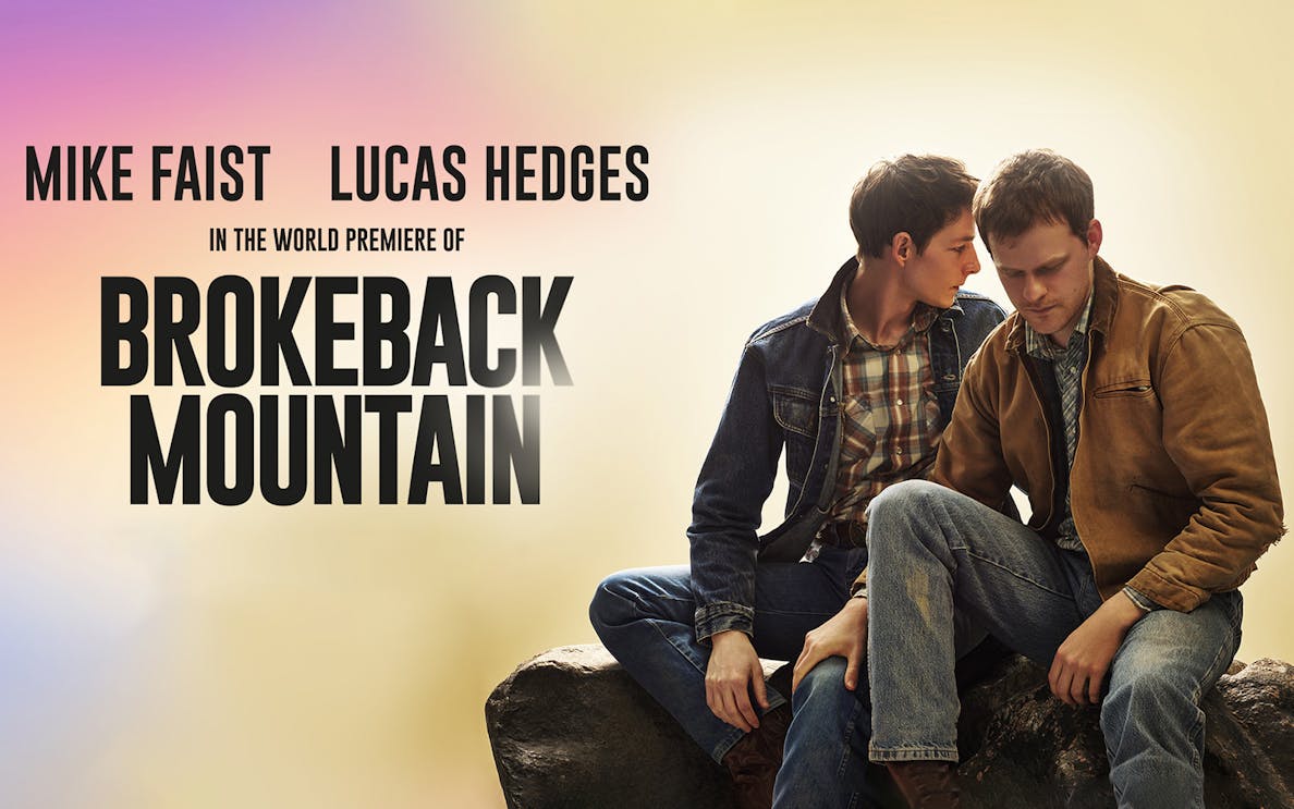 World premiere poster of Brokeback Mountain with two men sitting on a rock.