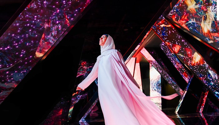 Futuristic light installation at AYA Universe, Dubai.