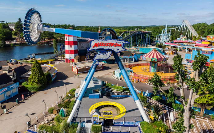 Drayton Manor theme park with Maelstrom ride and colorful attractions.