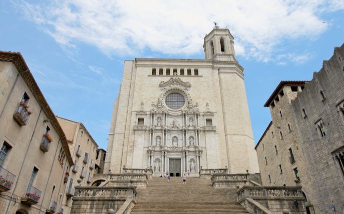 Girona Cathedral facade with steps, Spain.