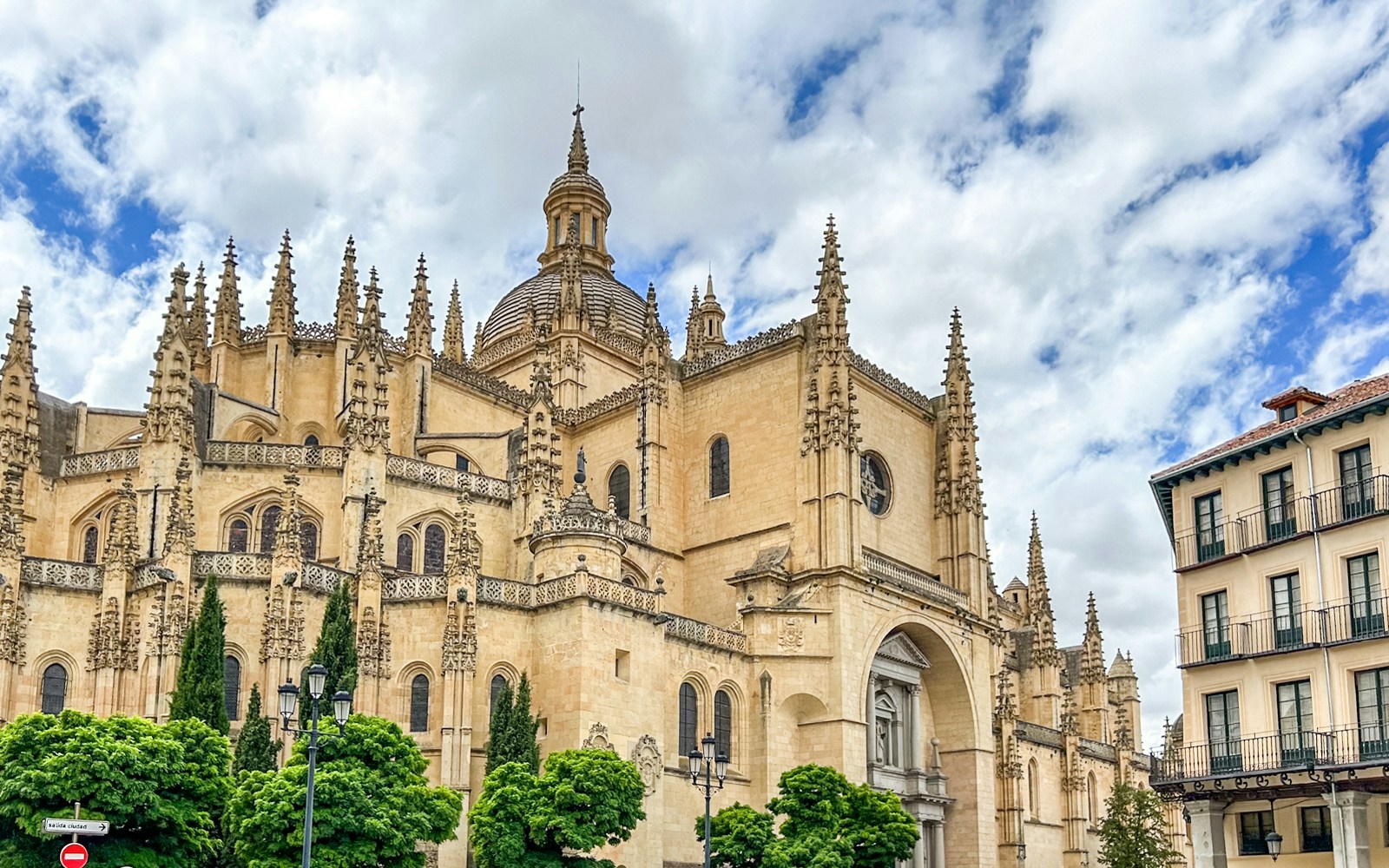 Segovia Cathedral exterior with intricate Gothic architecture in Segovia, Spain.