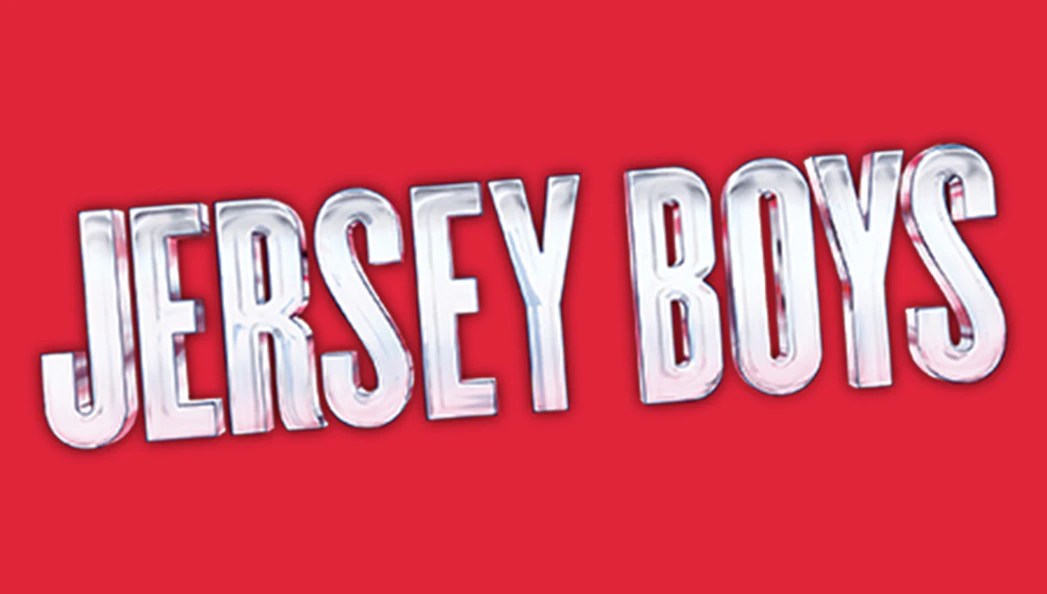 Jersey Boys logo on a red background.