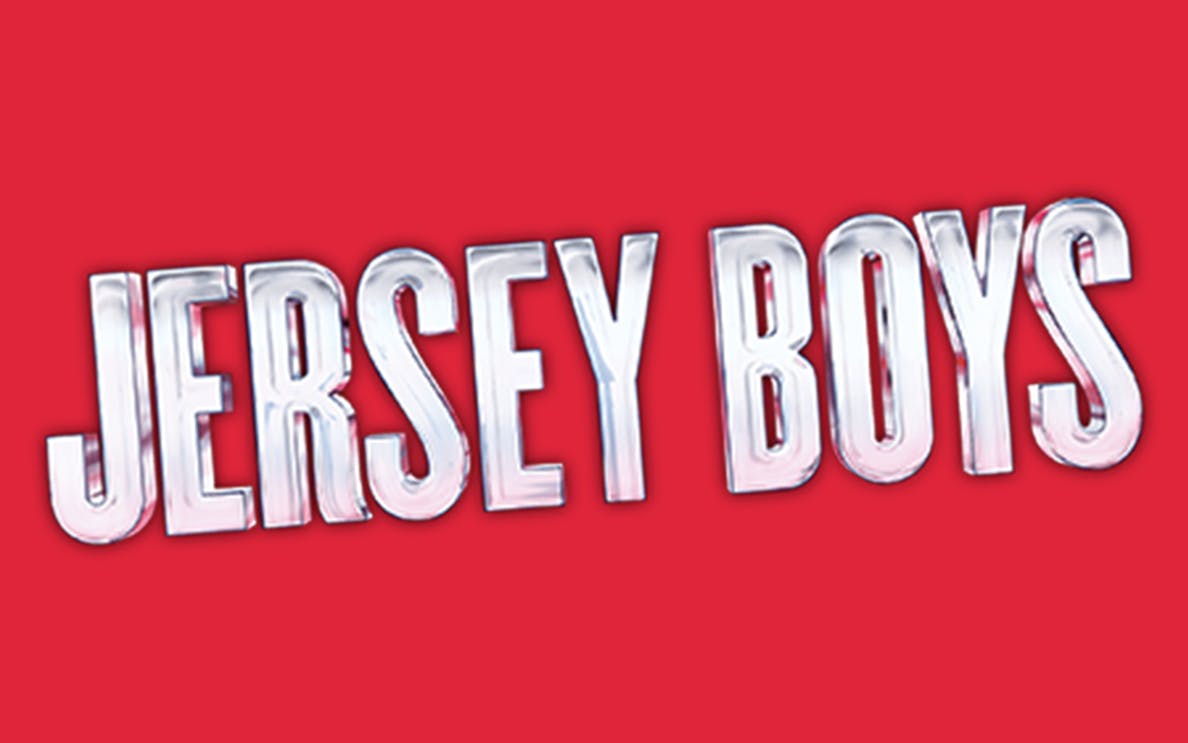 Jersey Boys logo on a red background.