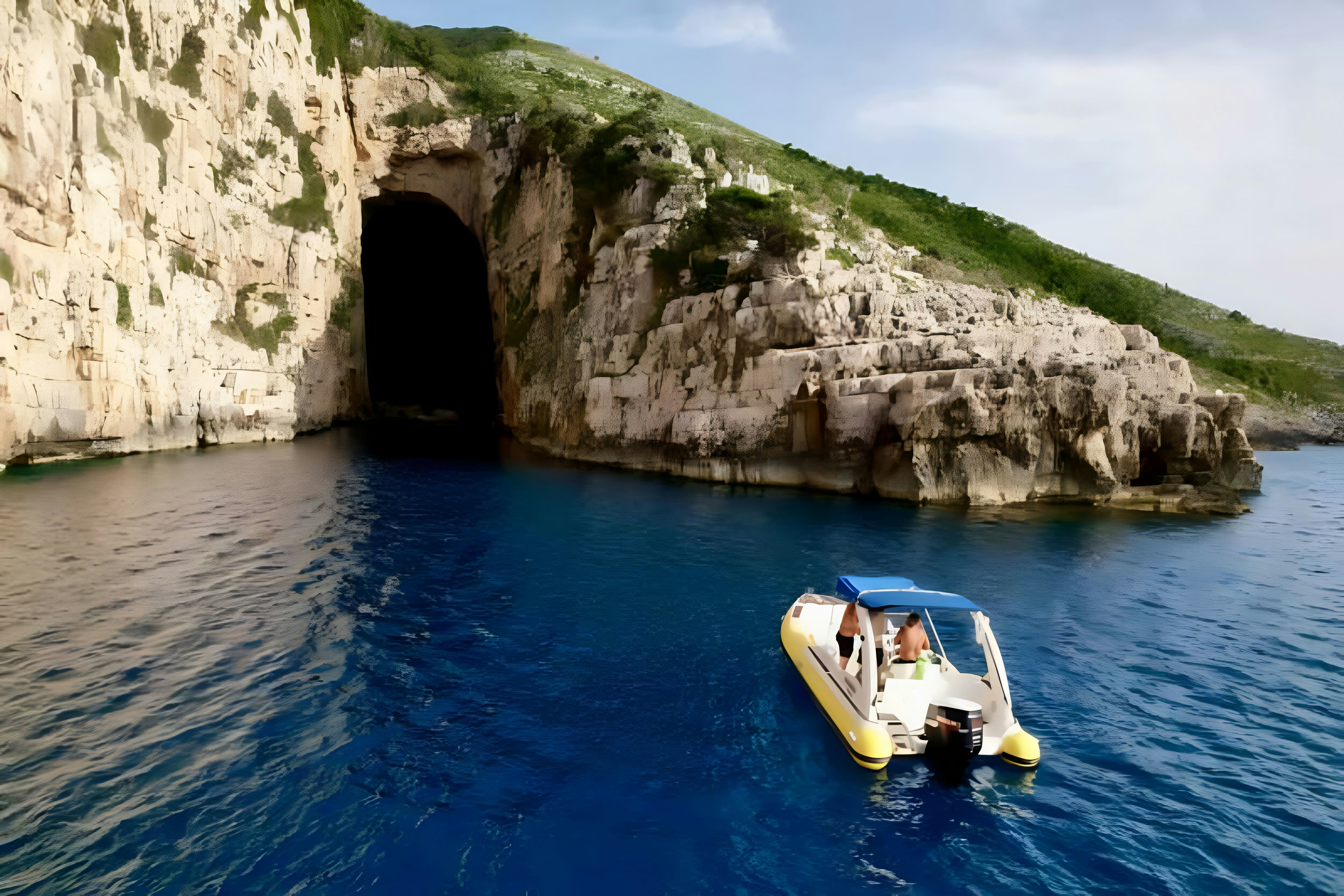 Boat approaching Haxhi Ali Cave on a cruise in Sazan and Karaburun, Albania.