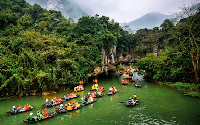 Boats with tourists on a river surrounded by lush greenery in Trang An, Ninh Binh, a world natural heritage site.