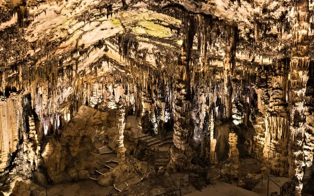 Stalactites and stalagmites in the illuminated Coves d'Artà, Mallorca, Spain.