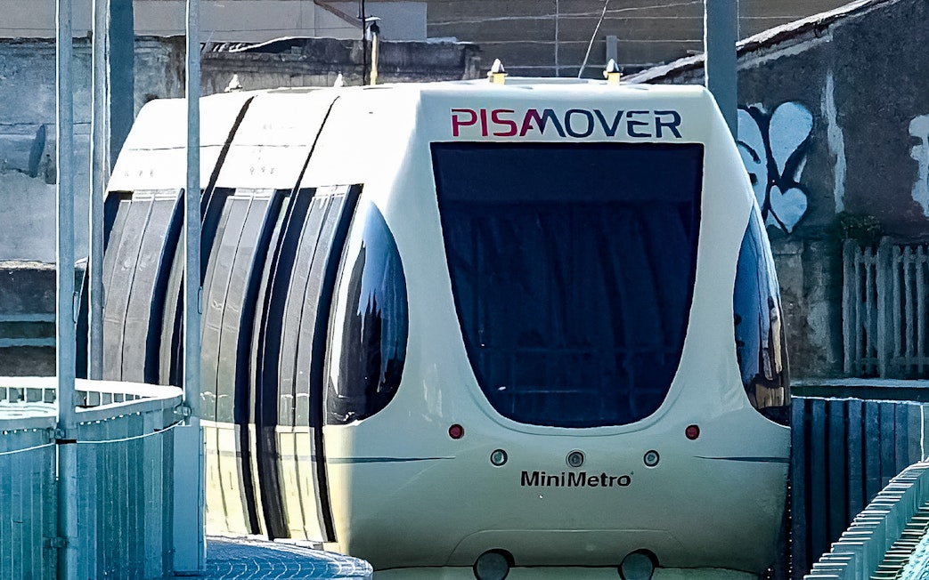 Pisamover train at station for airport transfer in Pisa, Italy.