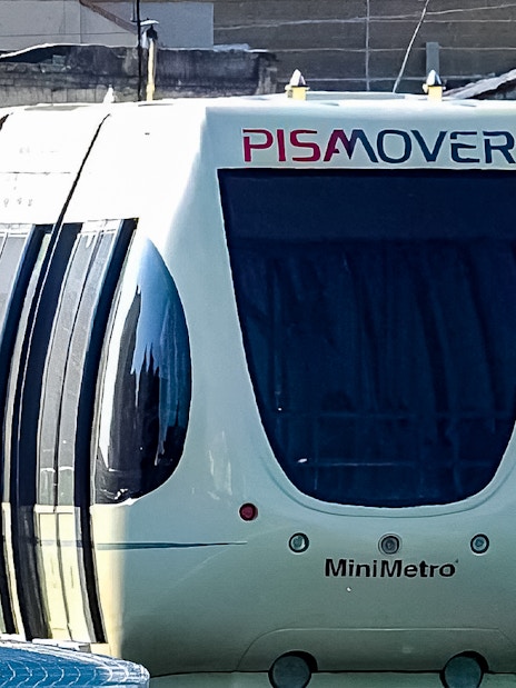 Pisamover train at station for airport transfer in Pisa, Italy.