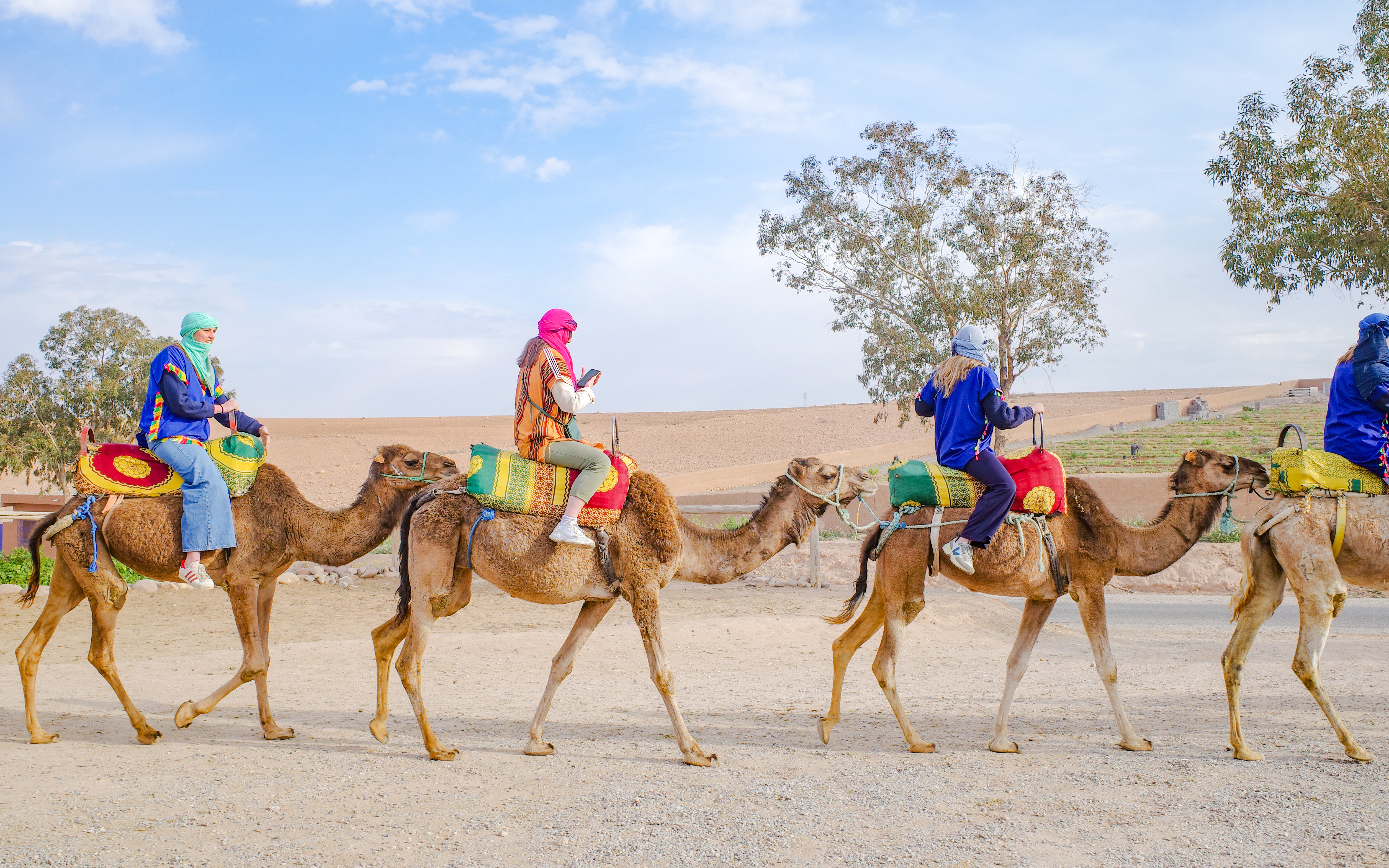 People riding camels in desert landscape near Marrakech.