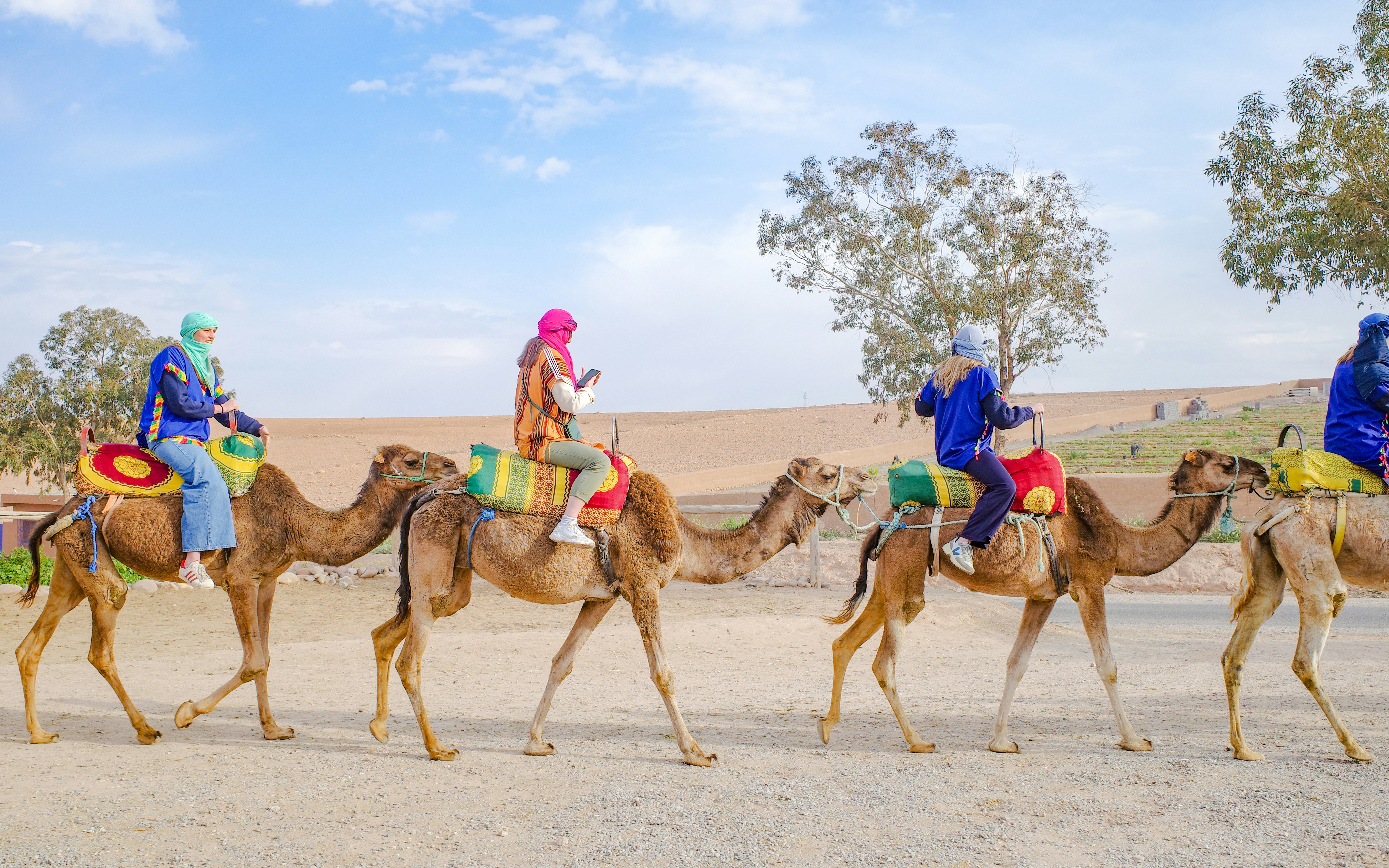 People riding camels in desert landscape near Marrakech.