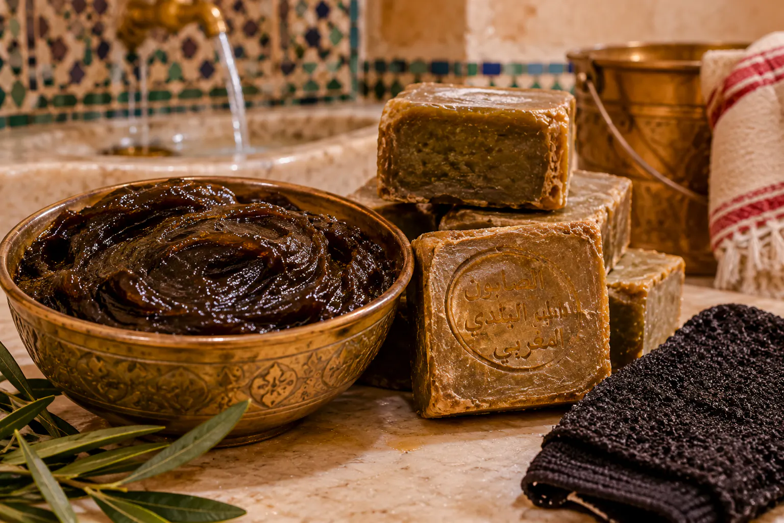 Traditional Moroccan soap and black soap paste in a Tangier hammam setting.