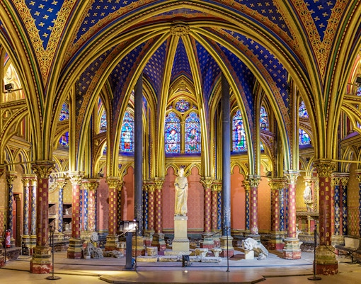 Sainte-Chapelle interior with stained glass windows, Paris, France.