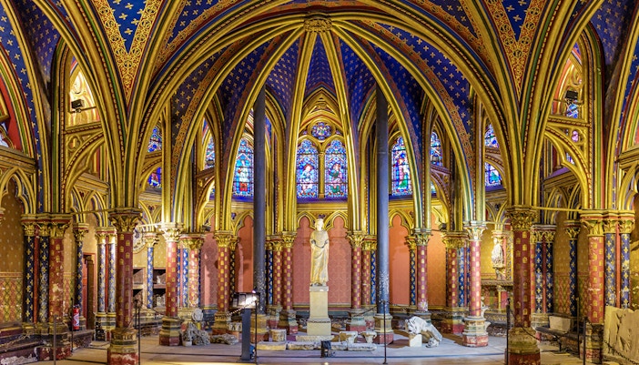 Lower Chapels in Sainte Chapelle with stained glass windows, Paris, France.