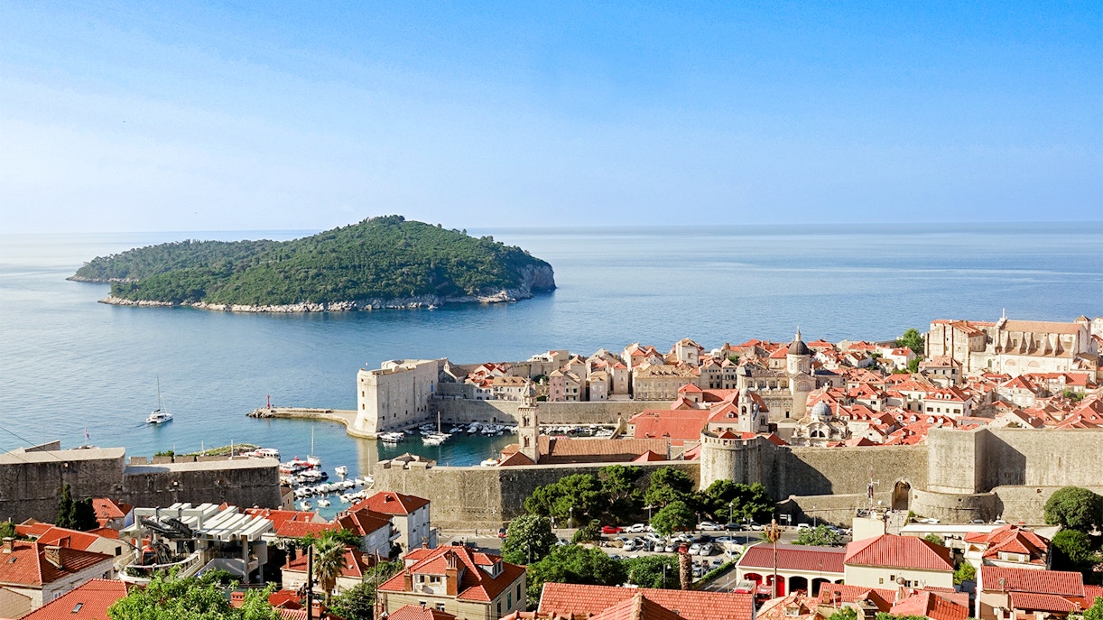 Lokrum Island and old Dubrovnik view from hill, Croatia.